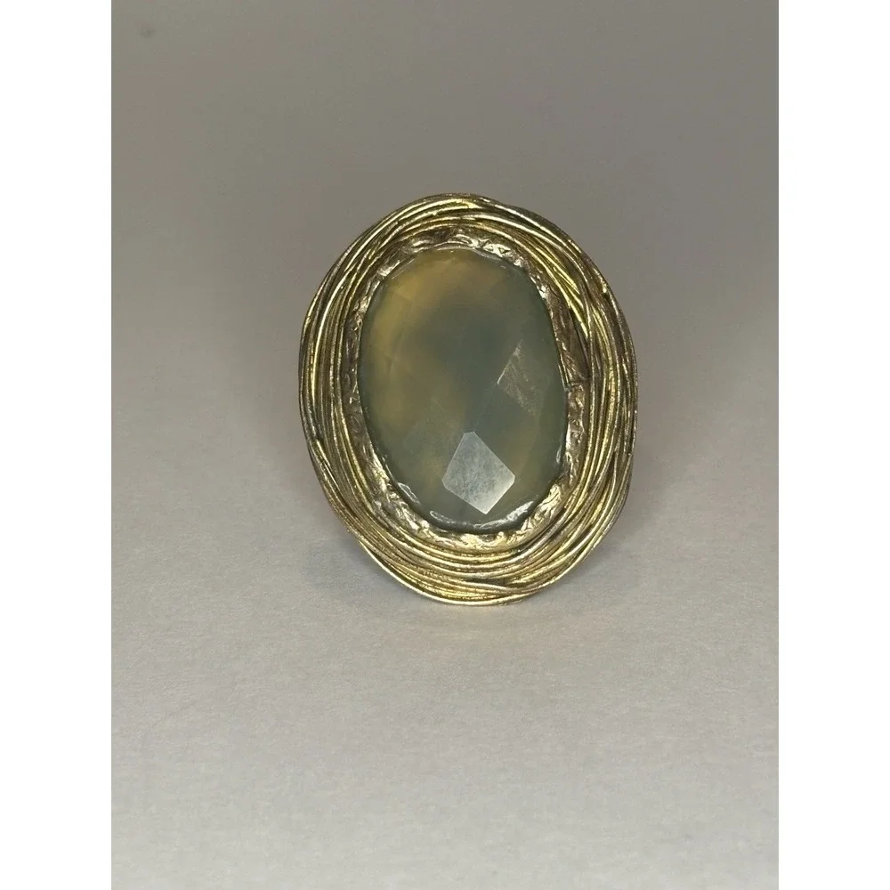 Vintage 70s Brutalist Gold Tone Sage Green Faceted Statement Ring Size 7.75